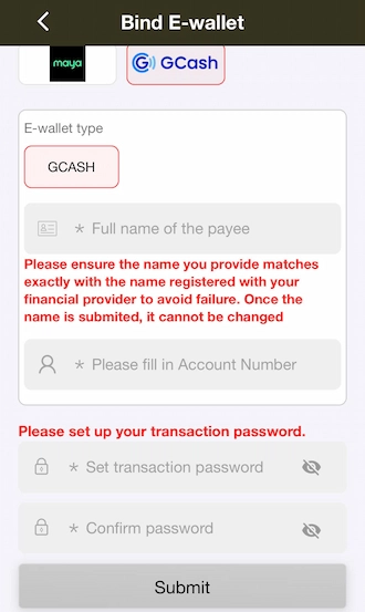 📌 Step 2: Add your e-wallet address and transaction password